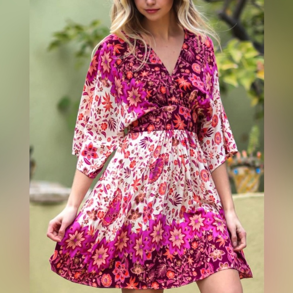 ANTHROPOLOGIE AAKAA Floral V-Neck Kimono Babydoll Mini Dress Pink Red Boho, M
